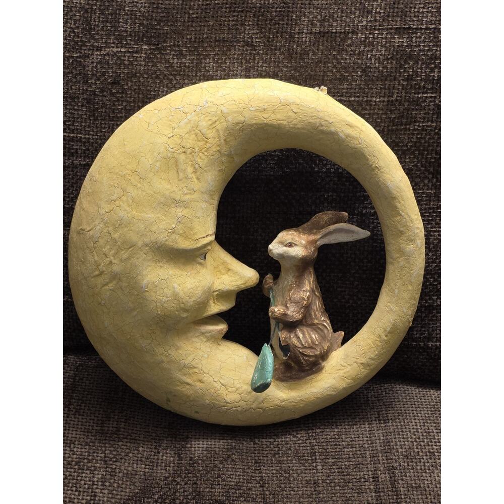 Vintage Bethany Lowe - Man in The Moon W Bunny Rabbit Paddling LARGE 16" READ